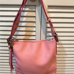 Coach Pink Pebbled Shoulder Bag Tassel Accent Logo Tag Zip Closure for Women